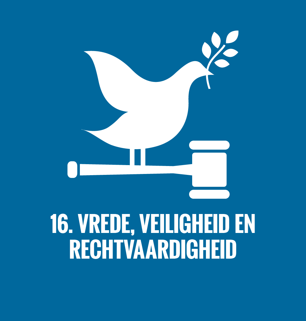 Logo SDG 16: Vrede, veiligheid en rechtvaardigheid