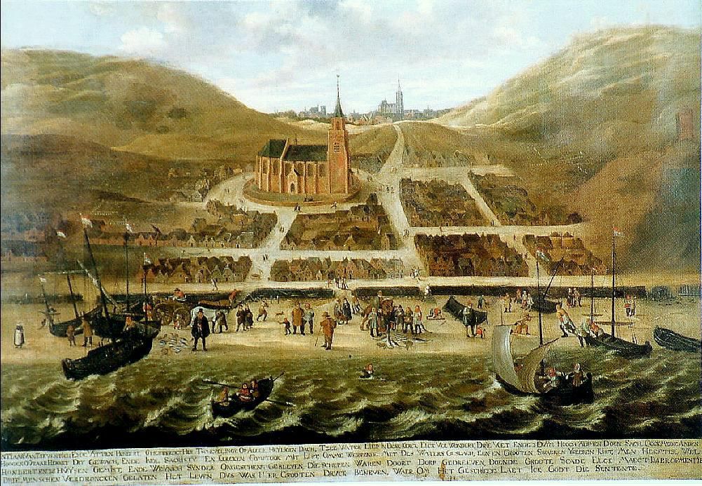 Scheveningen van vóór de Allerheiligenvloed van 1570. Schilderij van Cornelis Elandts